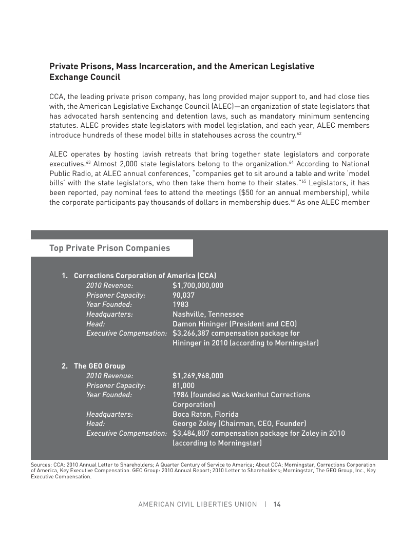 Private Prisons, Mass Incarceration, and the American Legislative Exchange Council  CCA, the leading private prison company, has long provided major support to, and had close ties with, the American Legislative Exchange Council [ALEC]—an organization of state legislators that has advocated harsh sentencing and detention laws, such as mandatory minimum sentencing statutes. ALEC provides state legislators with model legislation, and each year, ALEC members introduce hundreds of these model bills in statehouses across the country.*  ALEC operates by hosting lavish retreats that bring together state legislators and corporate executives. Almost 2,000 state legislators belong to the organization.* According to National Public Radio, at ALEC annual conferences, “companies get to sit around a table and write ‘model bills’ with the state legislators, who then take them home to their states.”* Legislators, it has been reported, pay nominal fees to attend the meetings ($50 for an annual membership), while the corporate participants pay thousands of dollars in membership dues.* As one ALEC member  Top Private Prison Companies  Corrections Corporation of America (CCA) 2010 Revenue: $1,700,000,000 Prisoner Capacity: 90,037 Year Founded: 1983 Headgquarters: Nashville, Tennessee Head: Damon Hininger (President and CEO) Executive Compensation: $3,266,387 compensation package for Hininger in 2010 (according to Morningstar)  2. The GEO Group  2010 Revenue: $1,269,968,000  Prisoner Capacity: 81,000  Year Founded: 1984 (founded as Wackenhut Corrections Corporation)  Headgquarters: Boca Raton, Florida  Head: George Zoley (Chairman, CEO, Founder)  Executive Compensation: $3,484,807 compensation package for Zoley in 2010 (according to Morningstar)  Sources: CCA: 2010 Annual Lette to Shareholders: A Quarter Century of Serice to America: About CCA; Morningstar, Correctians Corporation of America, Key Executive Compensation. GEO Group: 2010 Annual Report; 2010 Letter o Sharshelders: Morningstar, The GEO Group, Inc.. Key. Executive Compensation  AMERICAN CIVIL LIBERTIES UNION | 14 